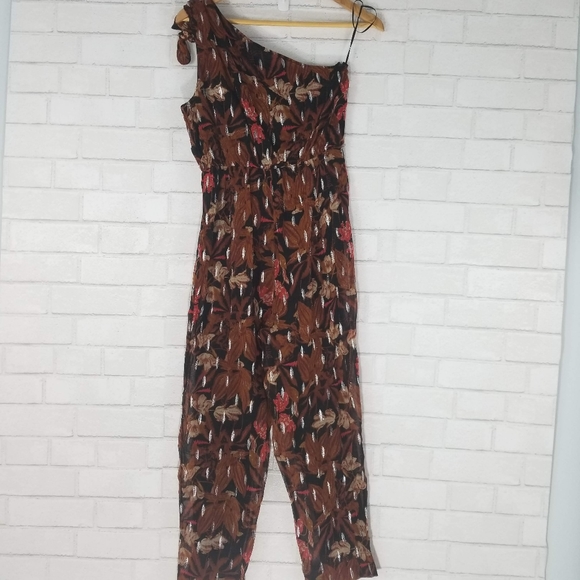 Anthropologie Sz 2 Maeve Kyoto Metallic Floral Jumpsuit Brown One Shoulder Crepe - Picture 5 of 12